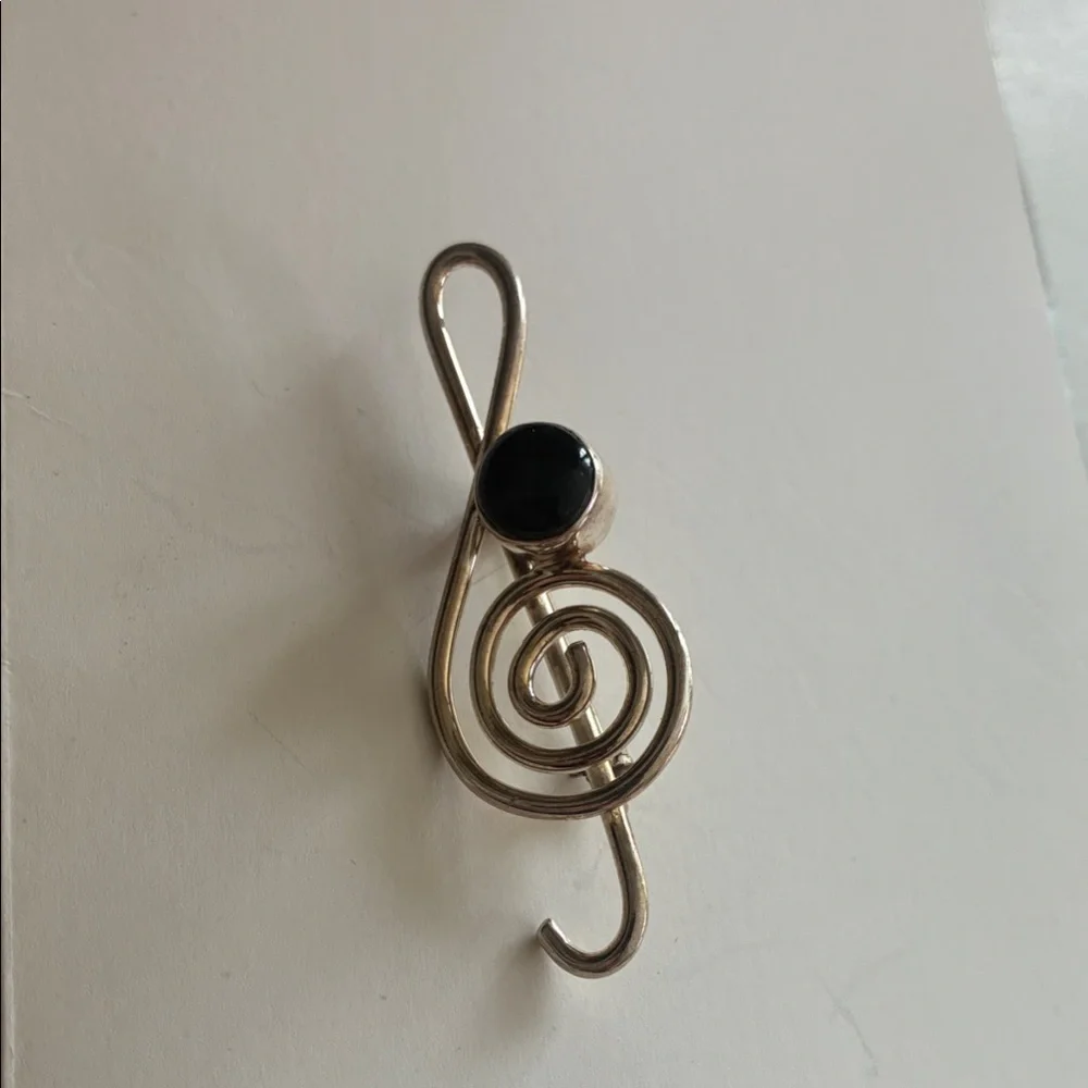 Silpada Silver-Tone Treble Clef Brooch with Black Cabochon